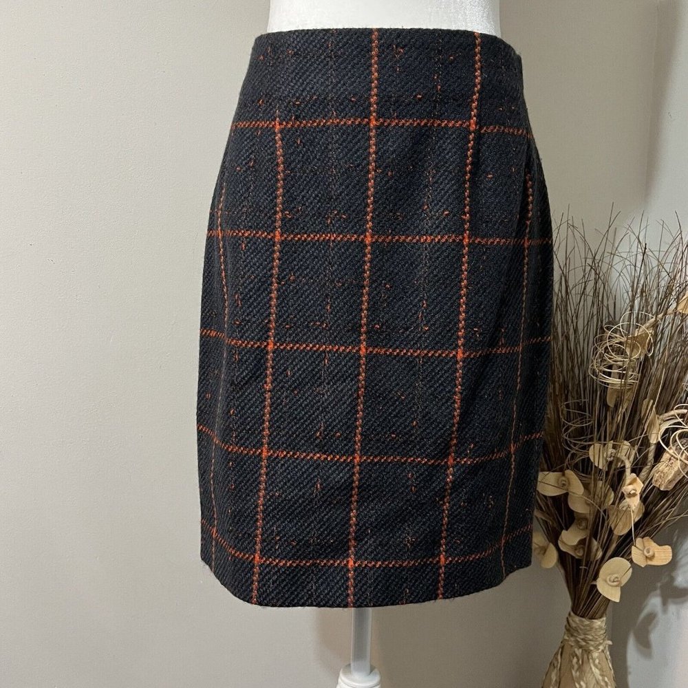 Michii Moon for Sanyo Women Plaid Black Orange 100% Pure Wool Skirt Size 10